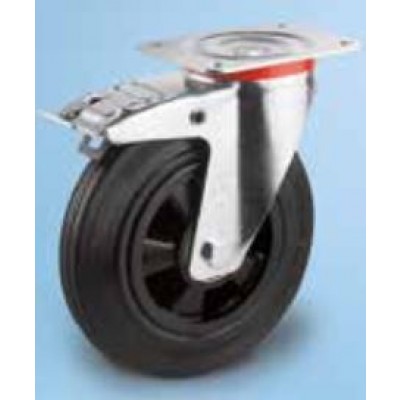 Roulette standard platine acier roue diam 80 caoutchouc noir pivotante à frein 